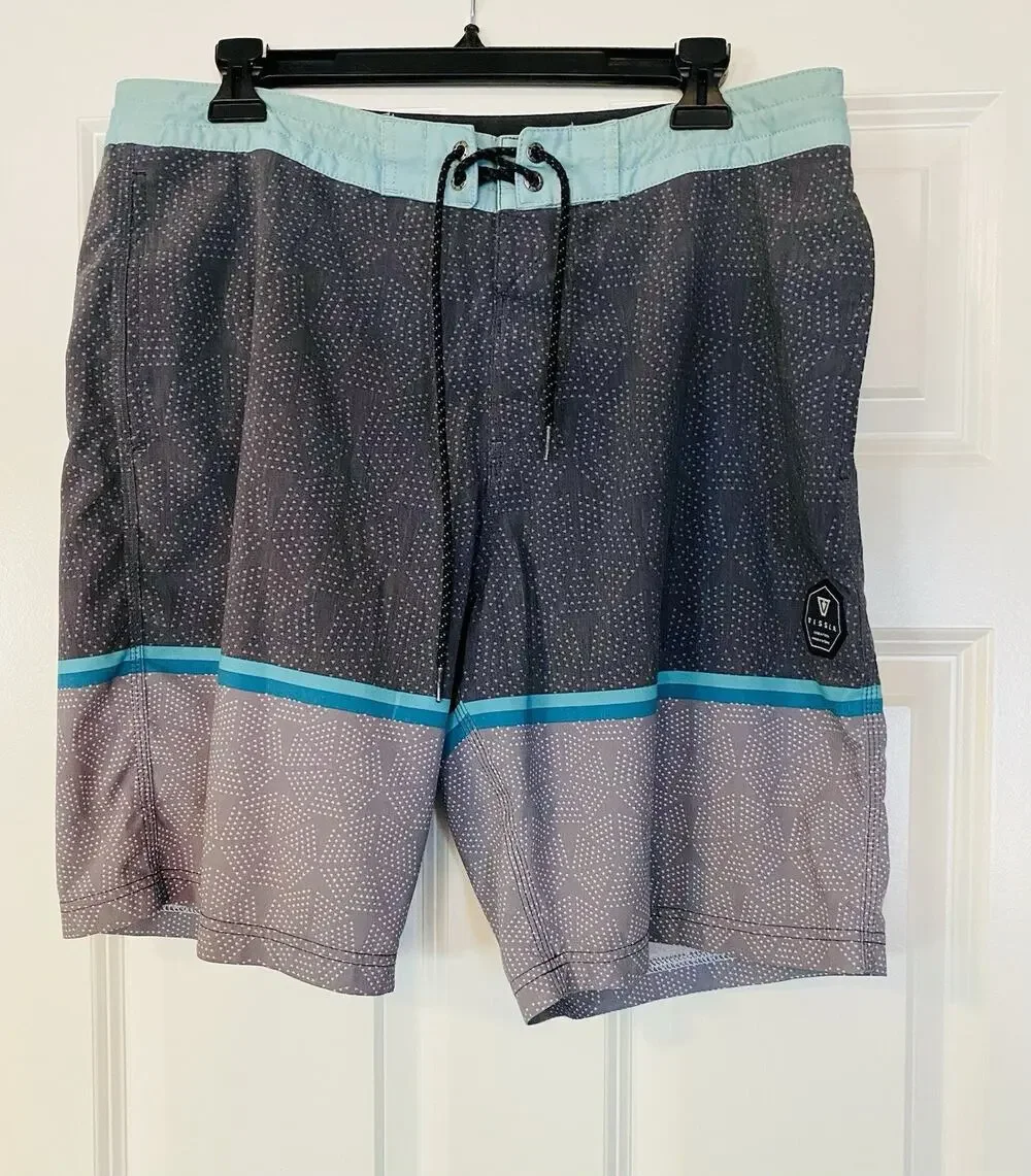 Vissla Mens Geometric Board Shorts Teal Charcoal Upcycled Coconut Stretch 34